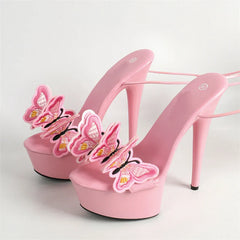 Cross Strap Handmade Embroidery Butterfly Heels
