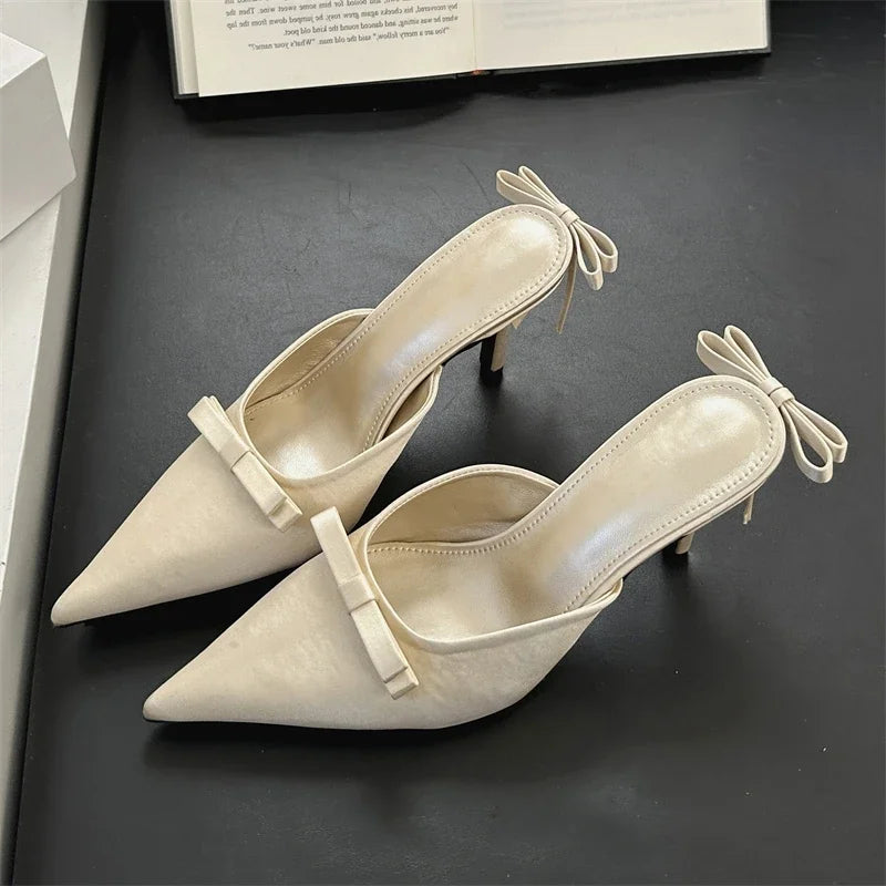 Silk Butterfly-Knot Thin High Heels Mules Shoes