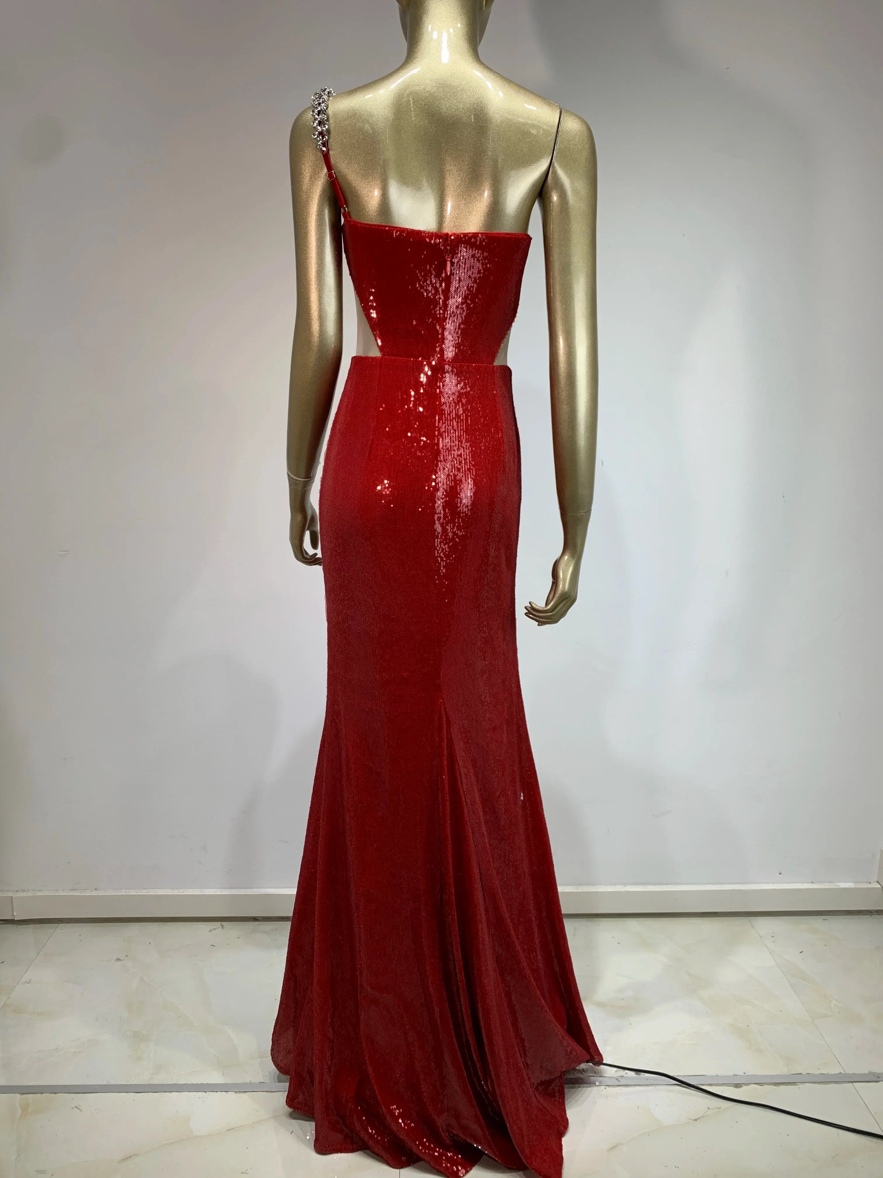 One Shoulder Mesh Sequins Red Maxi Dress