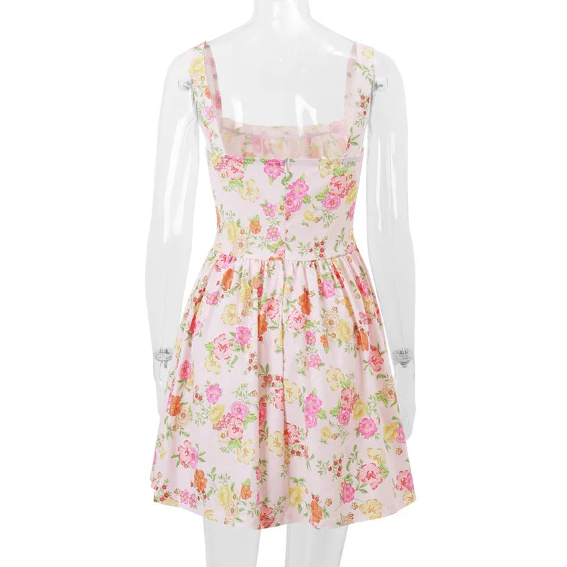 Flower Printed Open Back A-line Corset Mini Dress