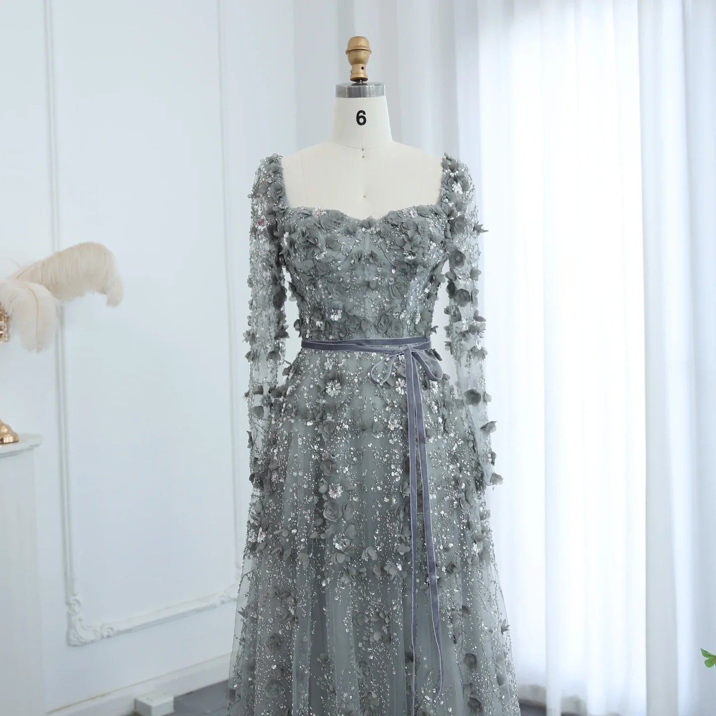 3D Floral A-Line Evening Gown Long Sleeves