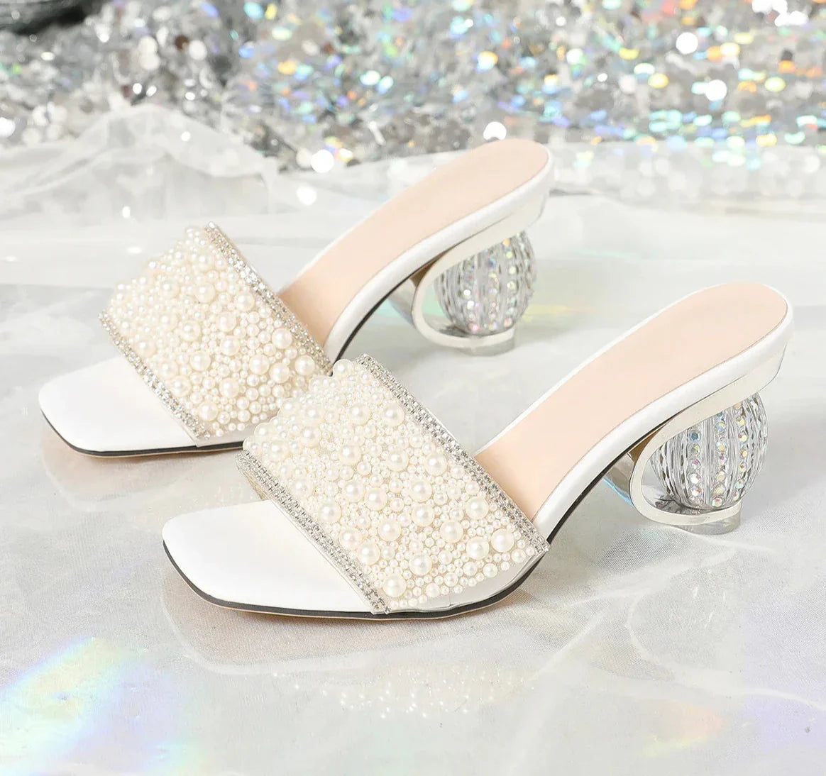 White Pearl Transparent Thick Bottom Heeled Shoes