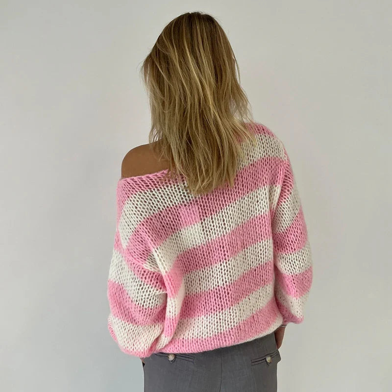 Striped Loose Fit Knitted Long Sleeve Sweater