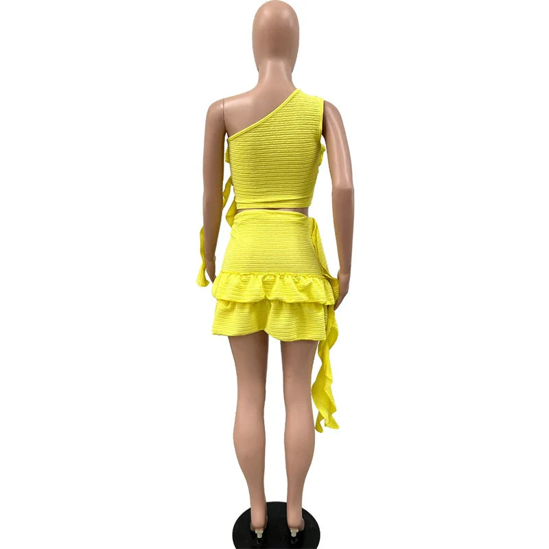 Ruffles Ribbons One Shoulder Top Mini Skirts Suits
