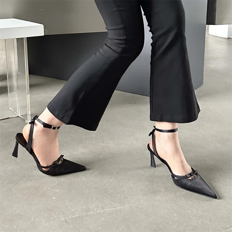 Bowknot Ankle Strap Heels Pointed Toe Mules