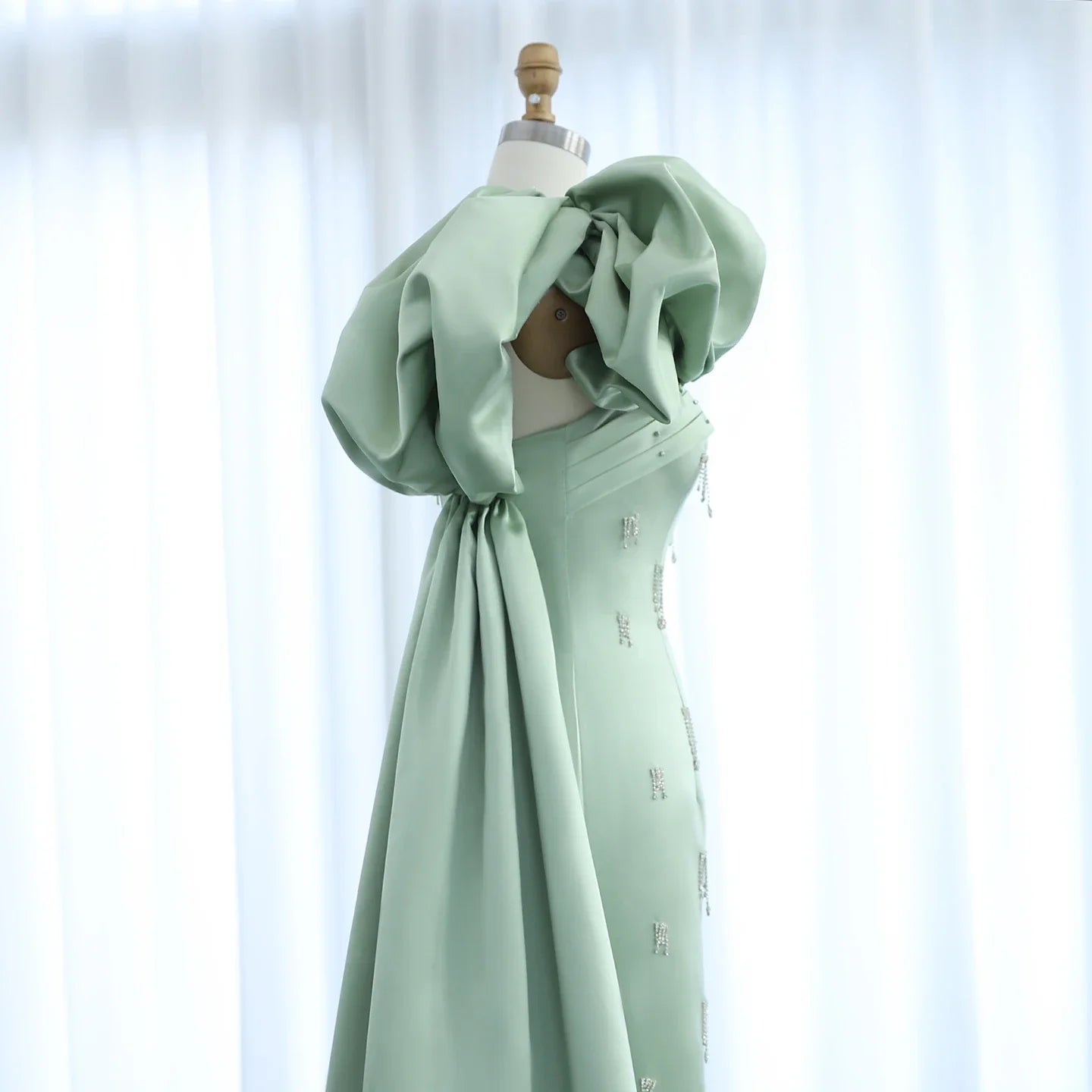 Sage Green One-Shoulder Evening Dress with Cape Crystal Tassel