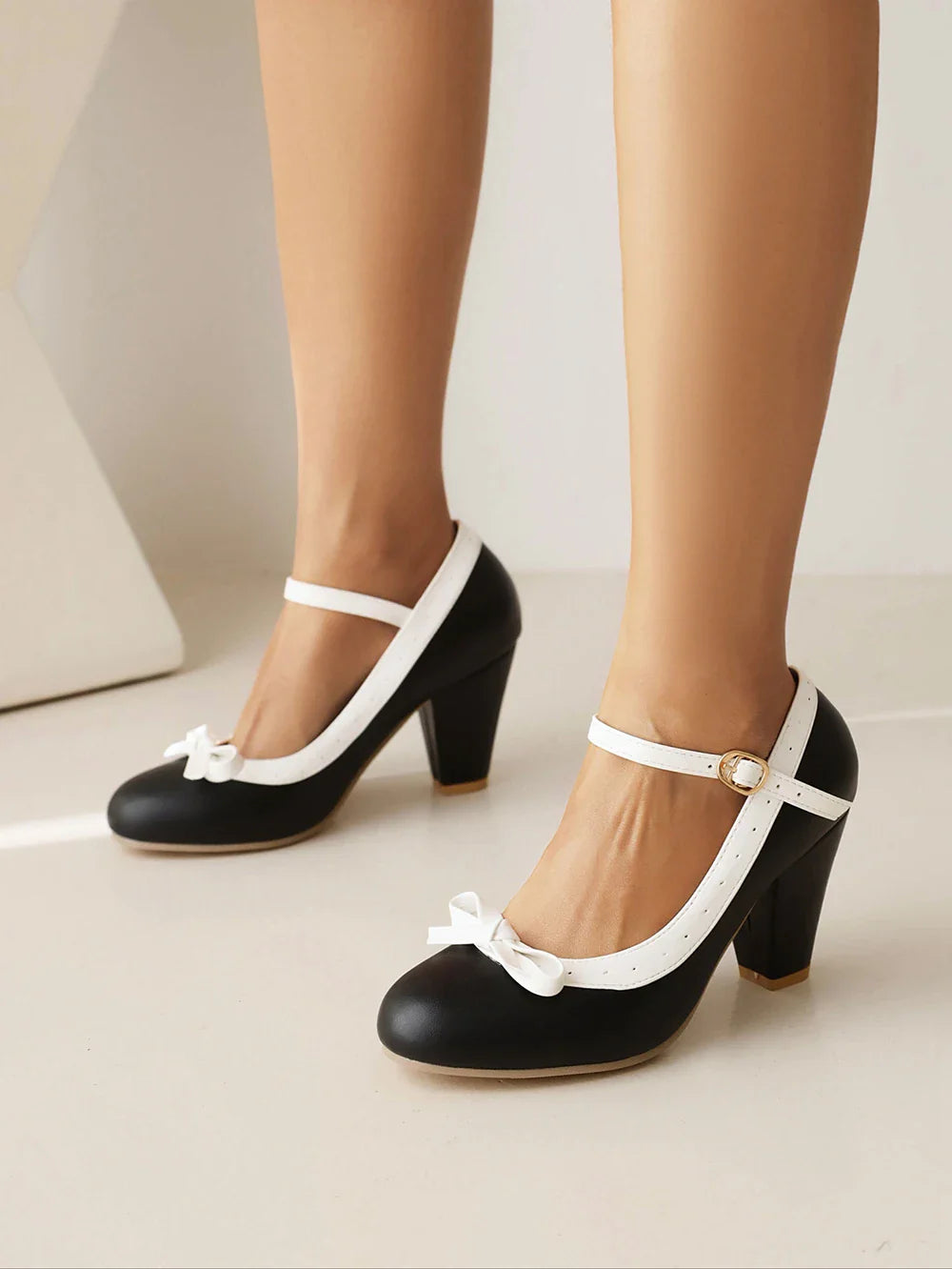 Pumps Sweet Bowtie Chunky High Heel Shoes