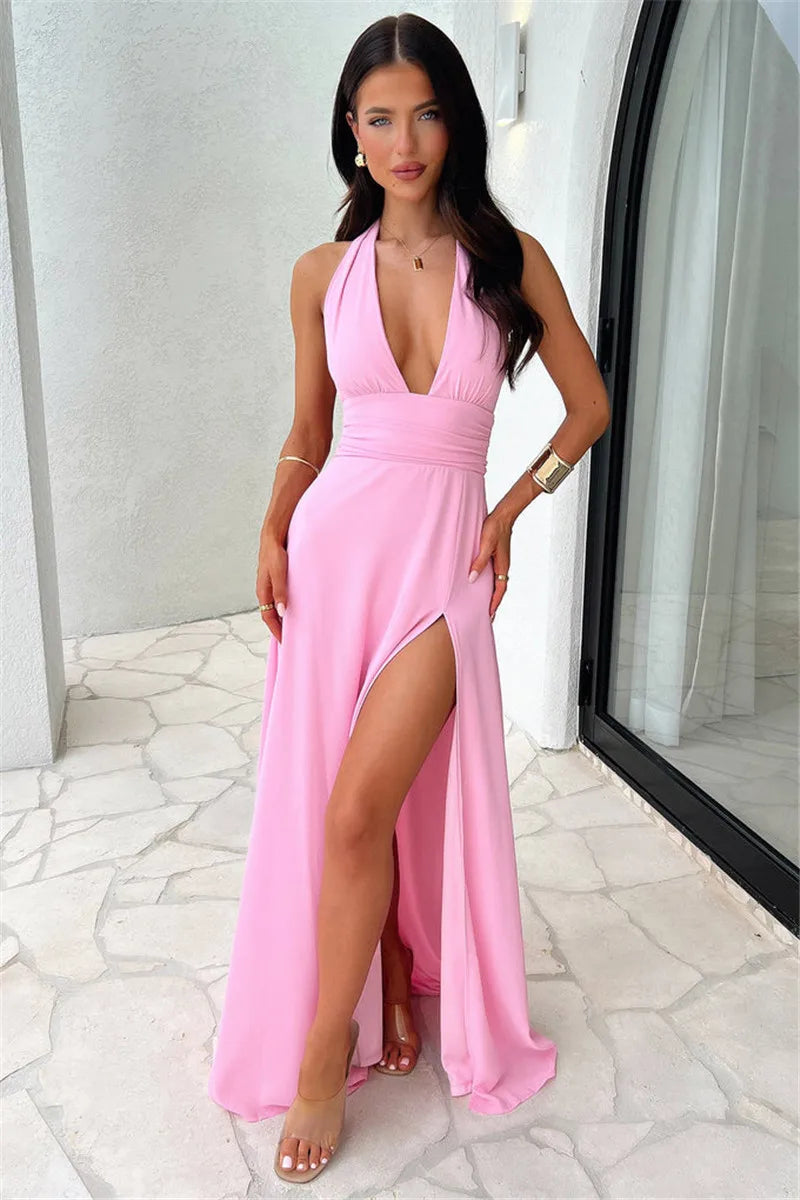 Halter Deep V Neck High Split Maxi Dress For Women