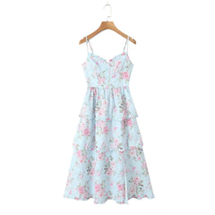 Print Cross Lacing up Back Slit Midi Dress