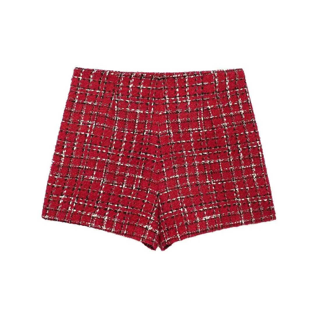 Plaid Lapel Coat and Side Zipper Short Suit