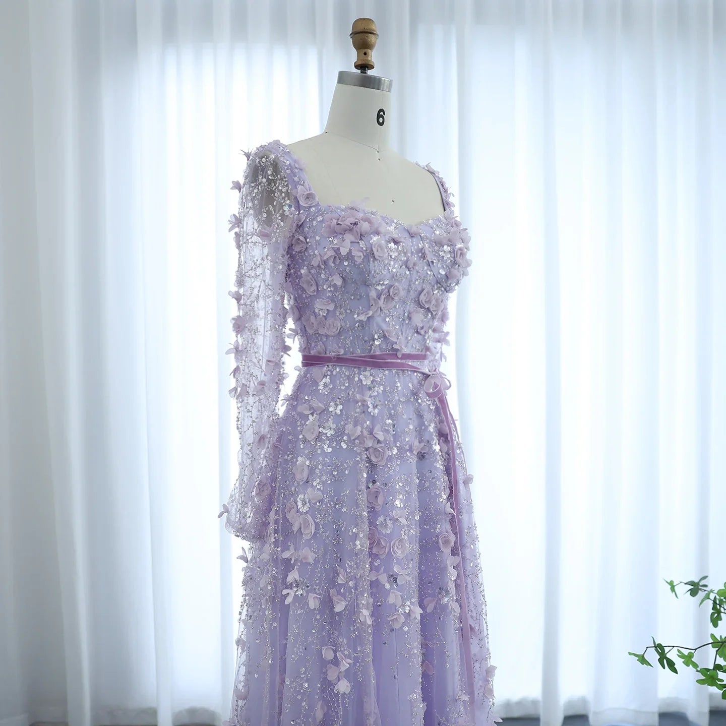 3D Floral A-Line Evening Gown Long Sleeves