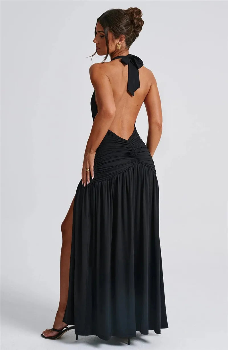 Open Back Solid Thigh High Split Long Dress