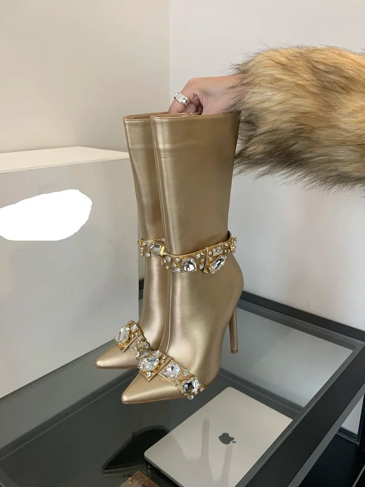 Crystal Knee-High Boots Pointed Toe Stiletto Heels