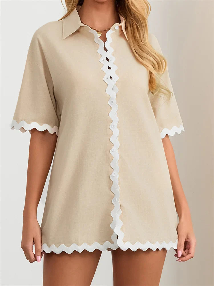 Contrast Short Sleeve Turn-Down Collar Mini Dress