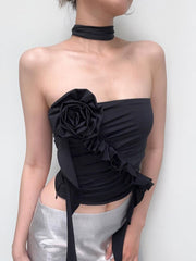 Asymmetrical Floral Halter Ruffles Slim Top