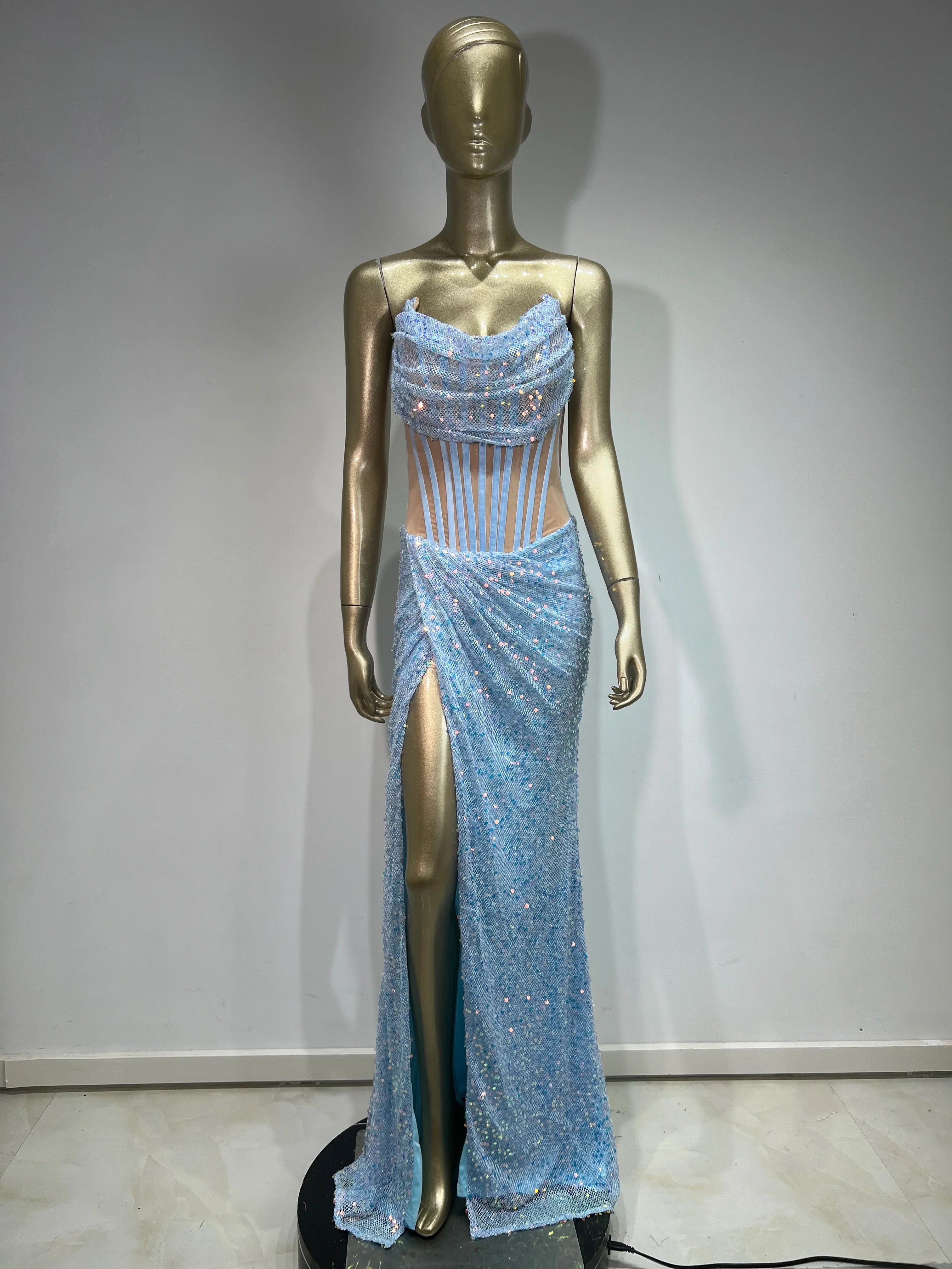Strapless Mesh Sequins Ruffles Maxi Dress