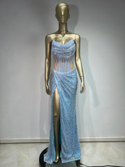 Strapless Mesh Sequins Ruffles Maxi Dress