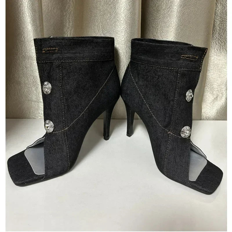 Denim Slim High Heel Button Sandals