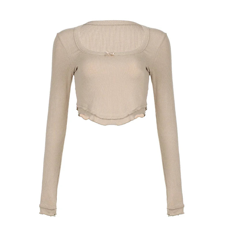 Basic Square Neck Bow Crop Knit Top