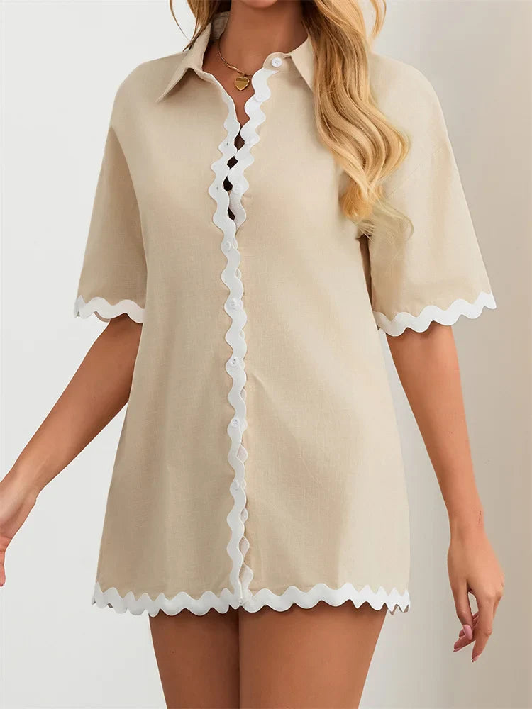 Contrast Short Sleeve Turn-Down Collar Mini Dress