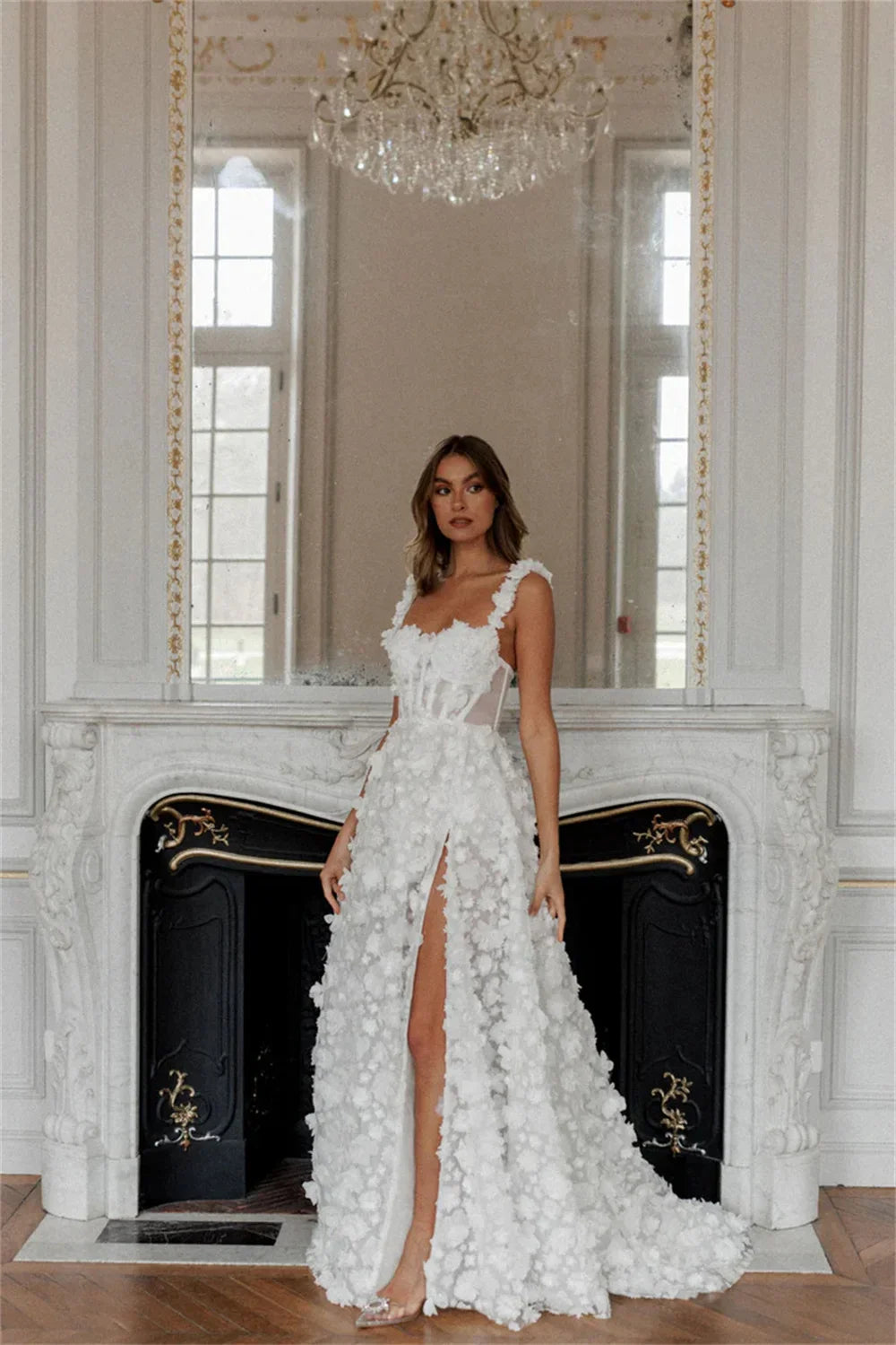 3D Flower Lace-up Back Side High Split Evening Dress