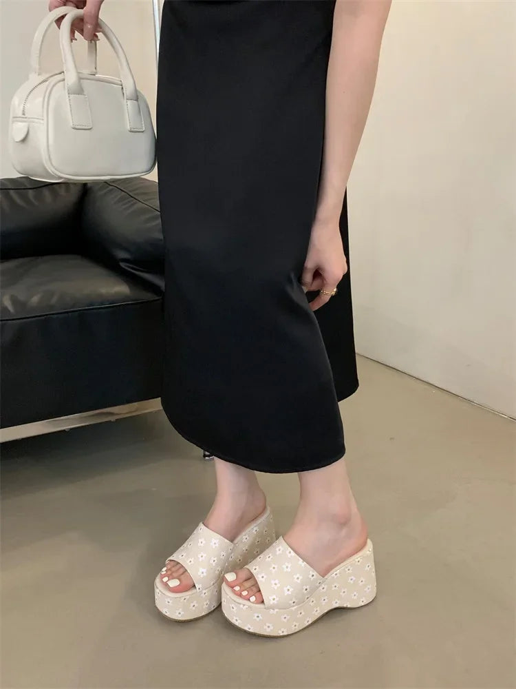 Flower Platform Wedges Open Toe Ladies Shoes