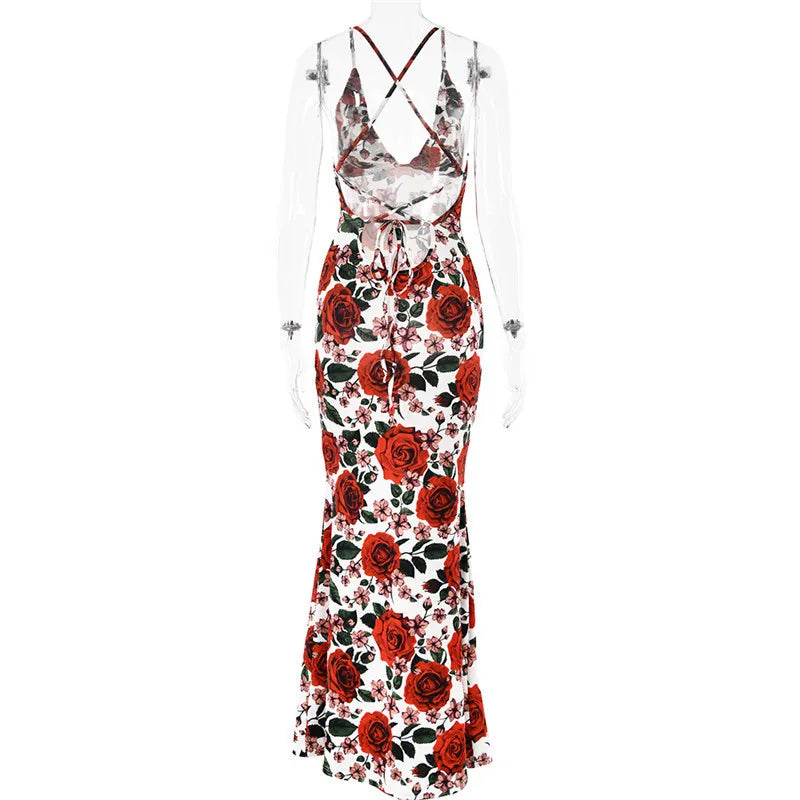 Red Floral Maxi Dress with Cowl Neck & Tie Back