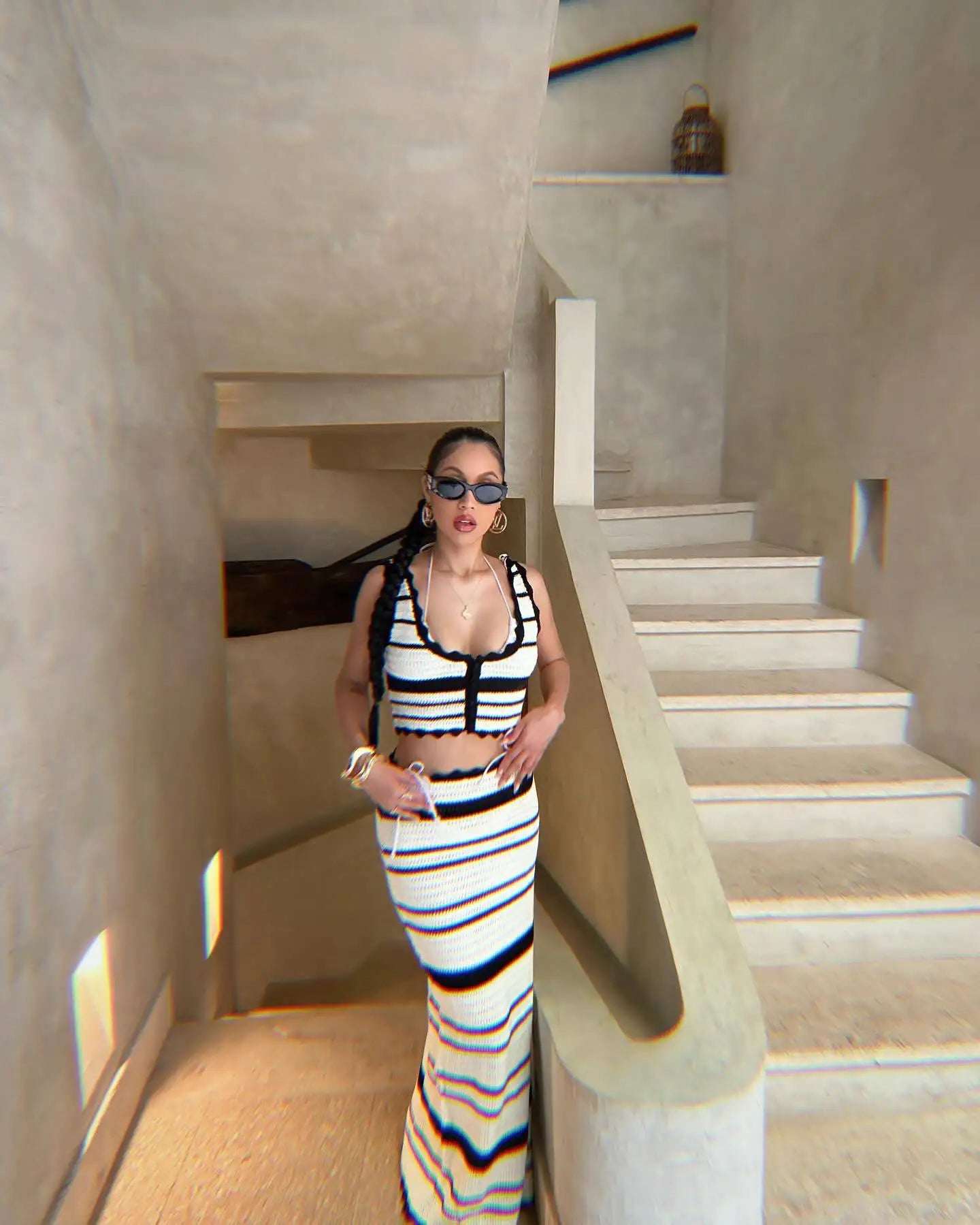 Striped Contrast Knitted Top and Long Skirt Set