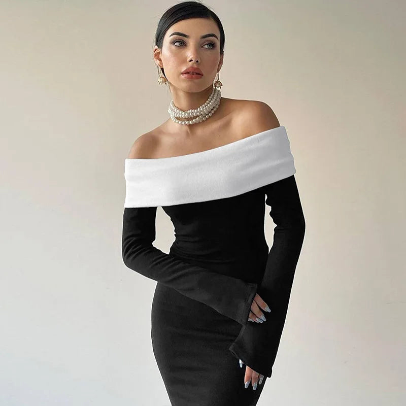 Black & White Off-the-Shoulder Maxi Dress with Long Sleeves