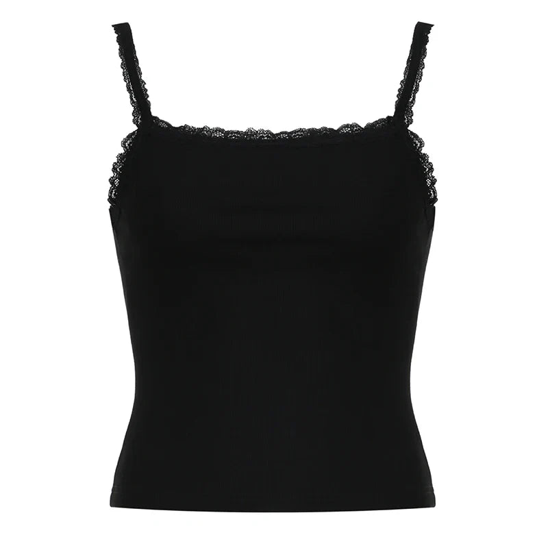 Basic Strap Lace Trim Crop Knit Top