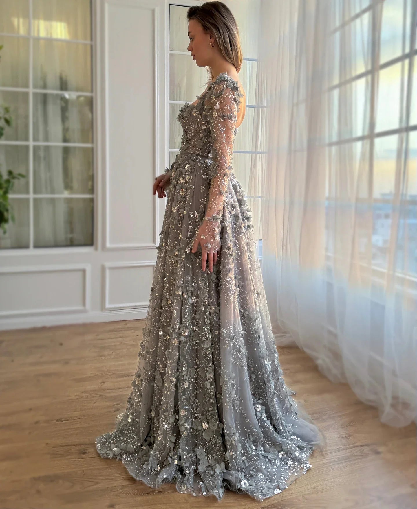 3D Floral A-Line Evening Gown Long Sleeves