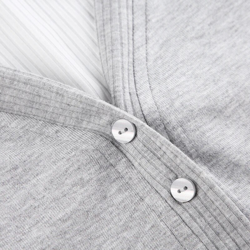 Basic Grey Patched Slim Buttons Knit Top