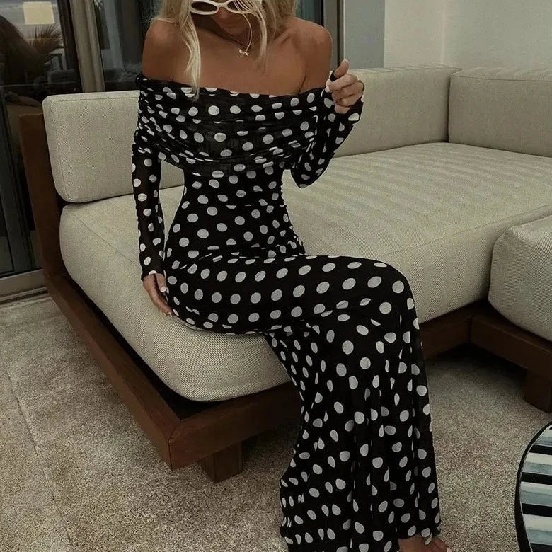 Polka Dots Off Shoulder Long Sleeves Maxi Dress