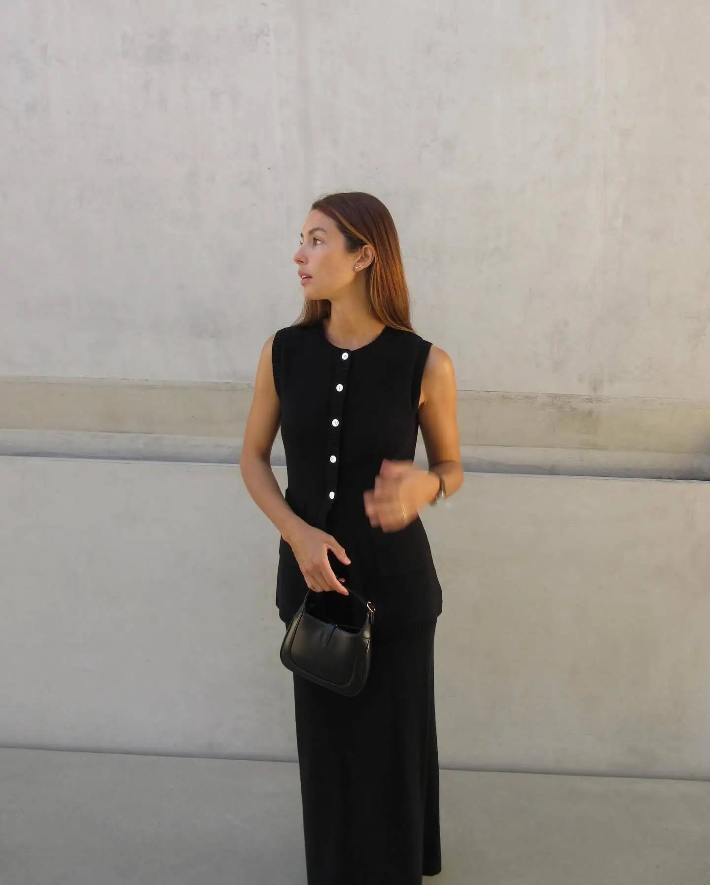 Knitted Solid Slit Vest and Long Skirt Suit