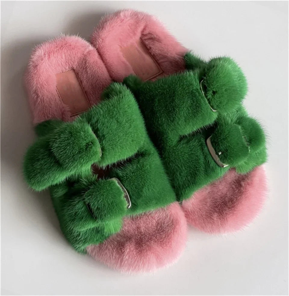 Mink Fur Flat Round Head Slippers