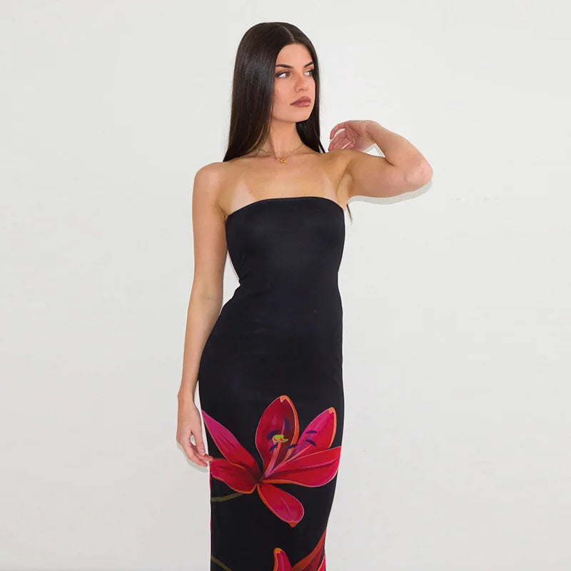 Black Tube Flower Print Back Tie Up Maxi Dress