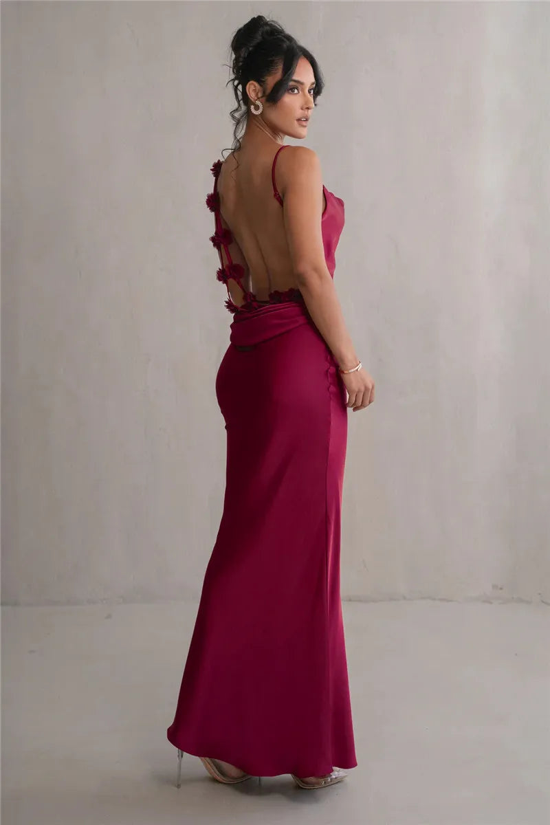 Floral Draped Open Back Spaghetti Strap Maxi Dress