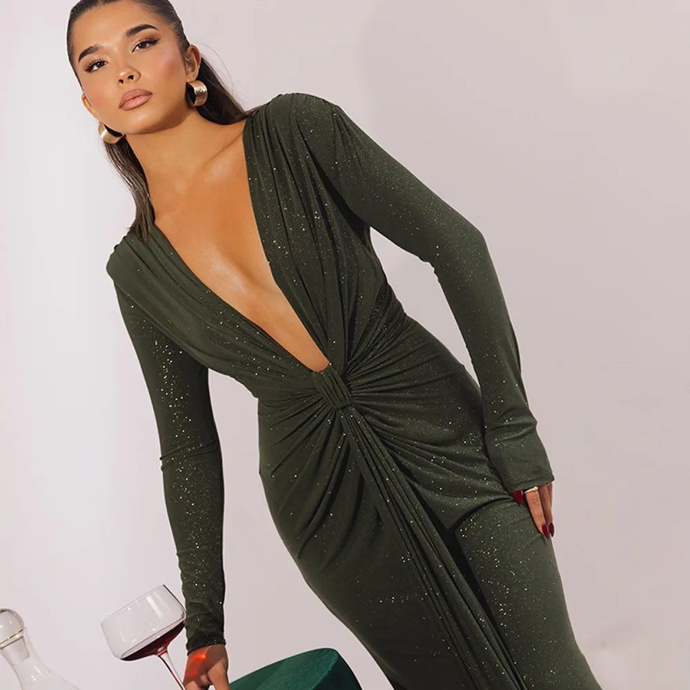 Elastic Deep V-Fold Lace Maxi Dress
