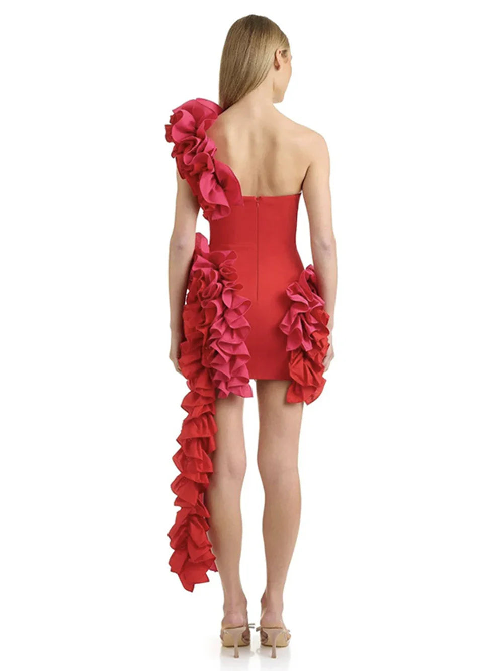 Solid Ruffles One Shoulder Strips Prom Mini Dress