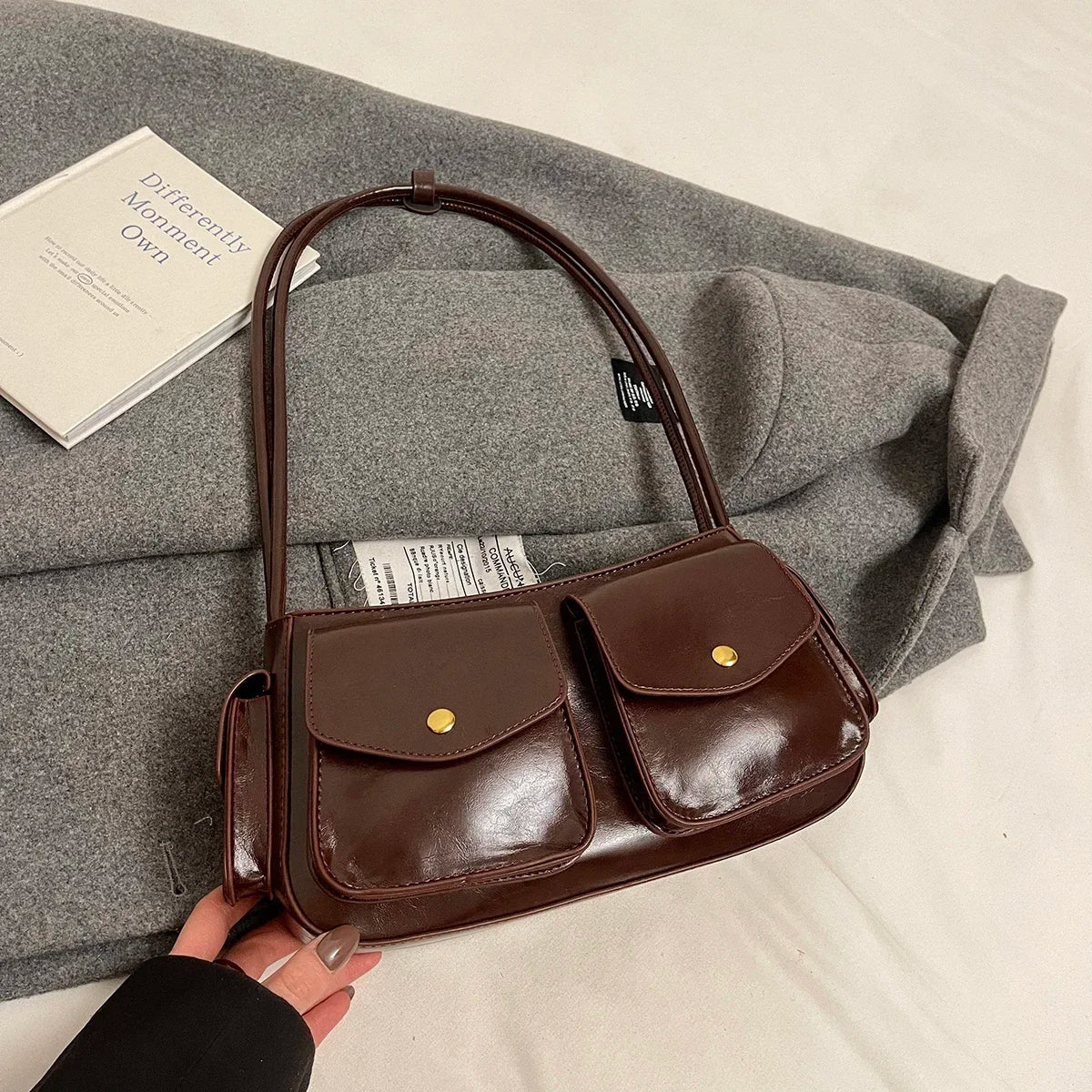 Faux Leather Small Double Pockets Underarm Bags