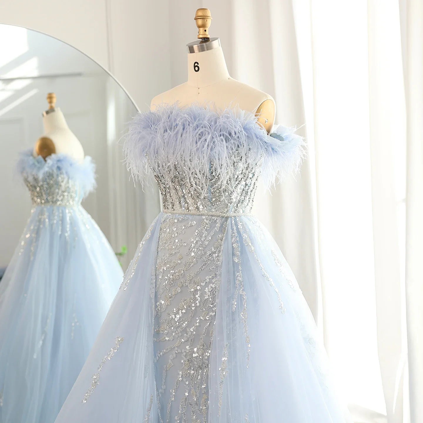 Feathers Off-shoulder Side Slit Overskirt Party Dress
