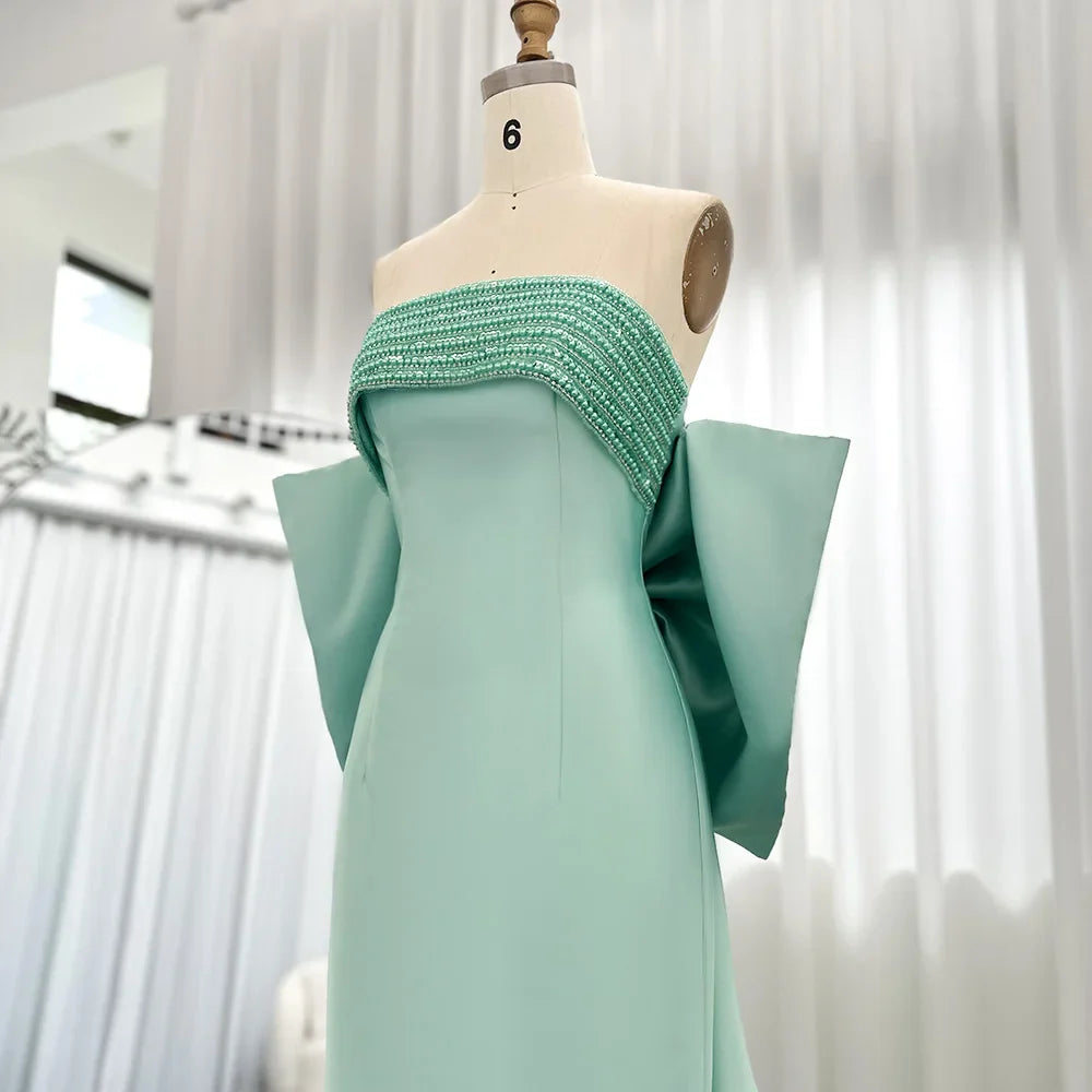 Sage Green Evening Dress with Beaded Cape