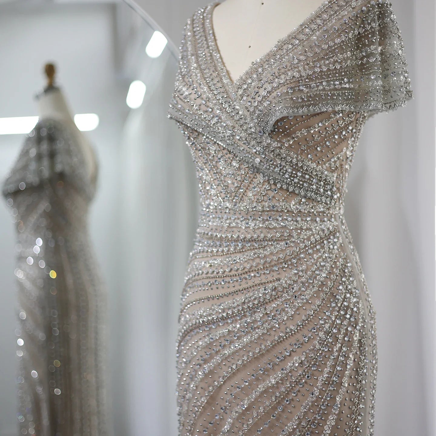 Silver Mermaid Evening Dress with Cap Sleeves