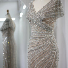 Silver Mermaid Evening Dress with Cap Sleeves