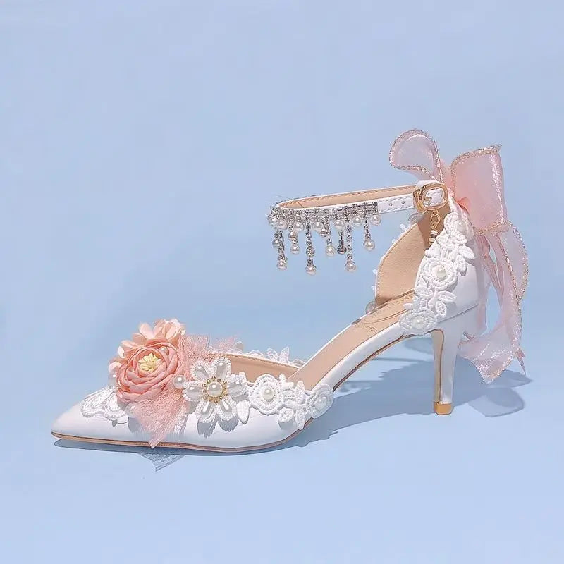 Pearl Rhinestone High Heels Sweet Flower Knot Shoes