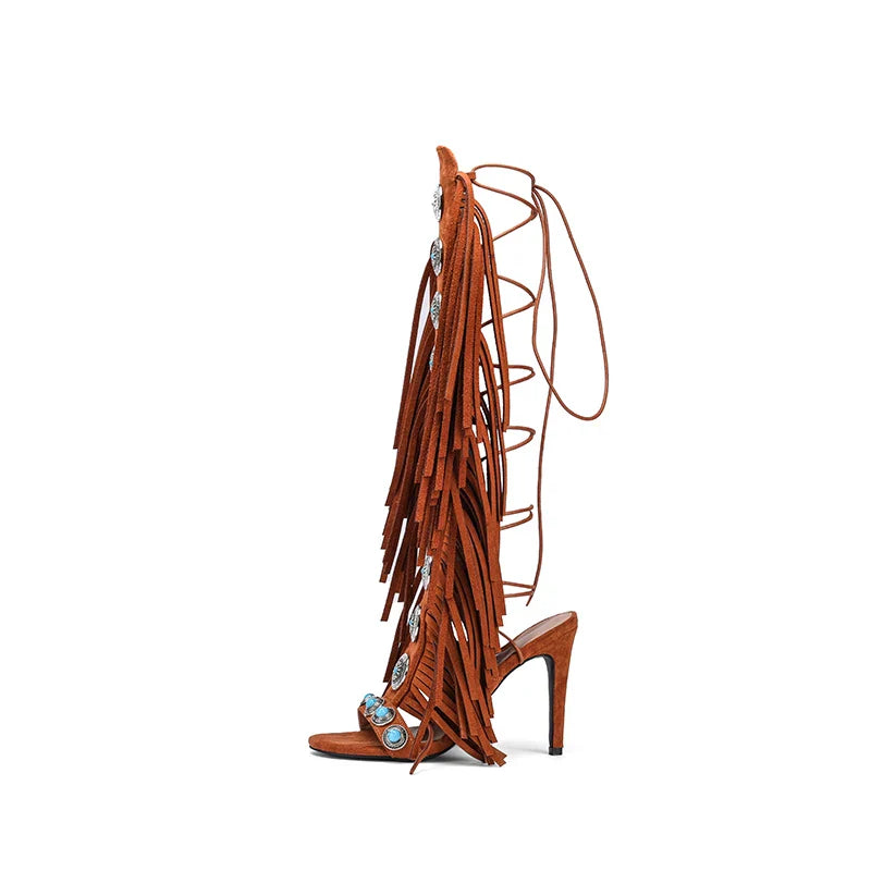Tassels Lace up Cover Heel Knee high shoes