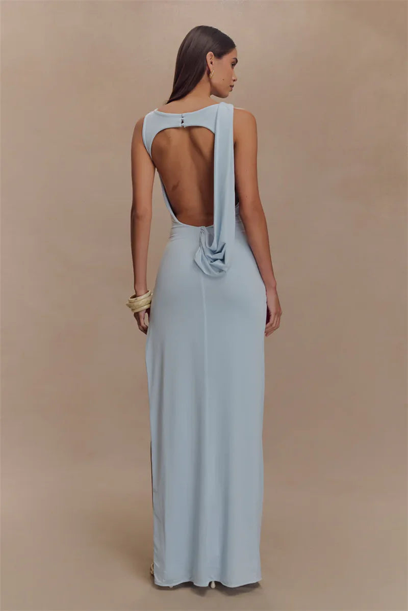 Backless Ruched O Neck Thigh High Split Long Dress