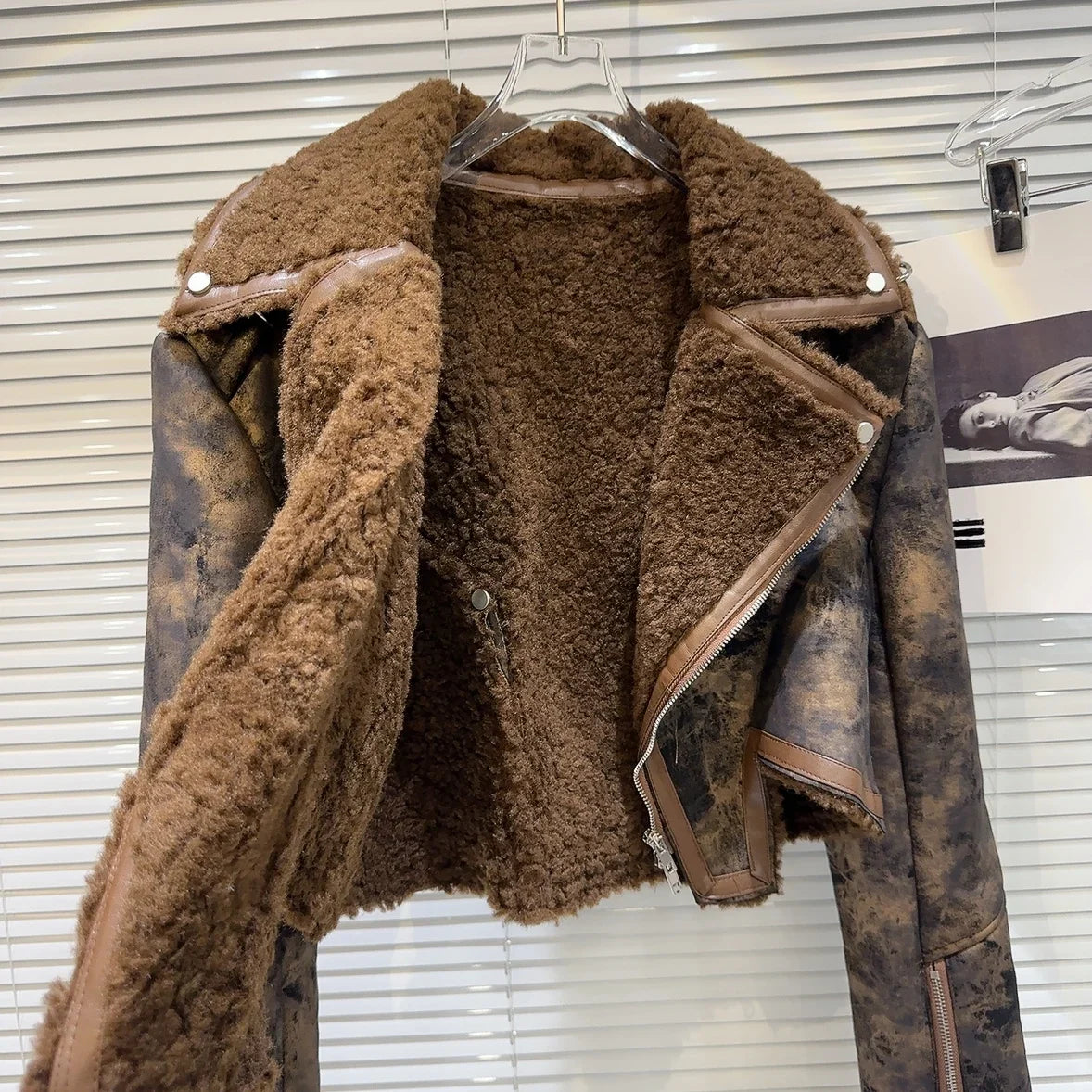 Tie Dye Fur Turn down Collar PU Leather Coat