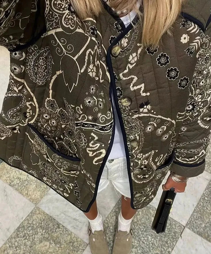 Cotton Printed Quilted Long Sleeve Patchwork Jacket