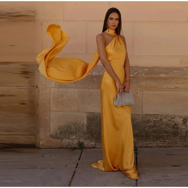 Yellow Satin Backless Lace-Up Off-Shoulder Maxi Dress